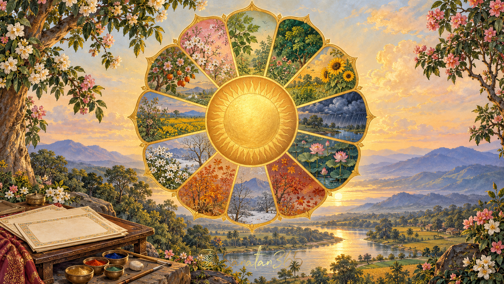 Painterly solar wheel with twelve luminous divisions above a changing Indian seasonal landscape