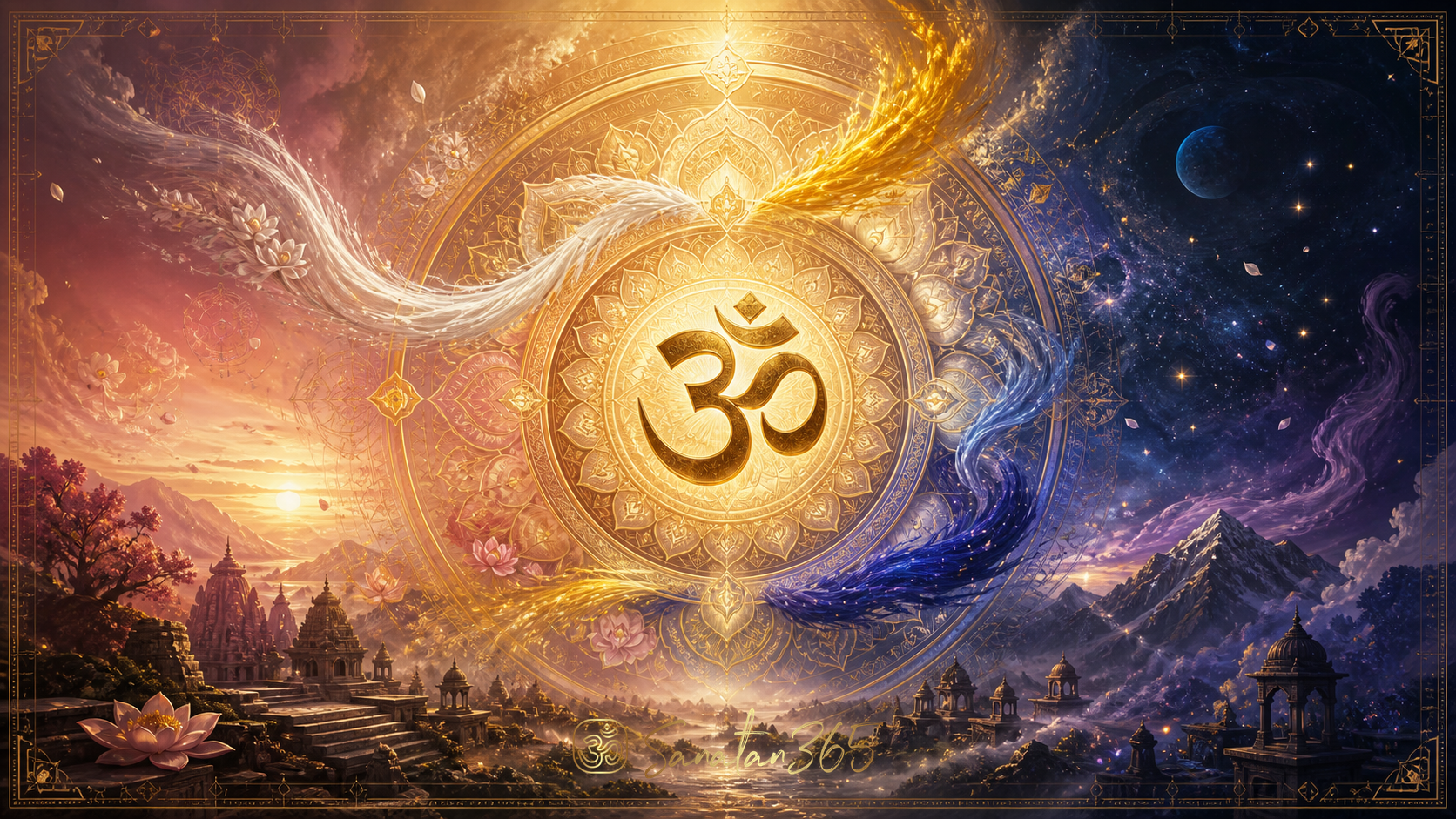 Sacred threefold cosmic mandala symbolizing Trimurti, Triguna, and AUM in Hindu thought