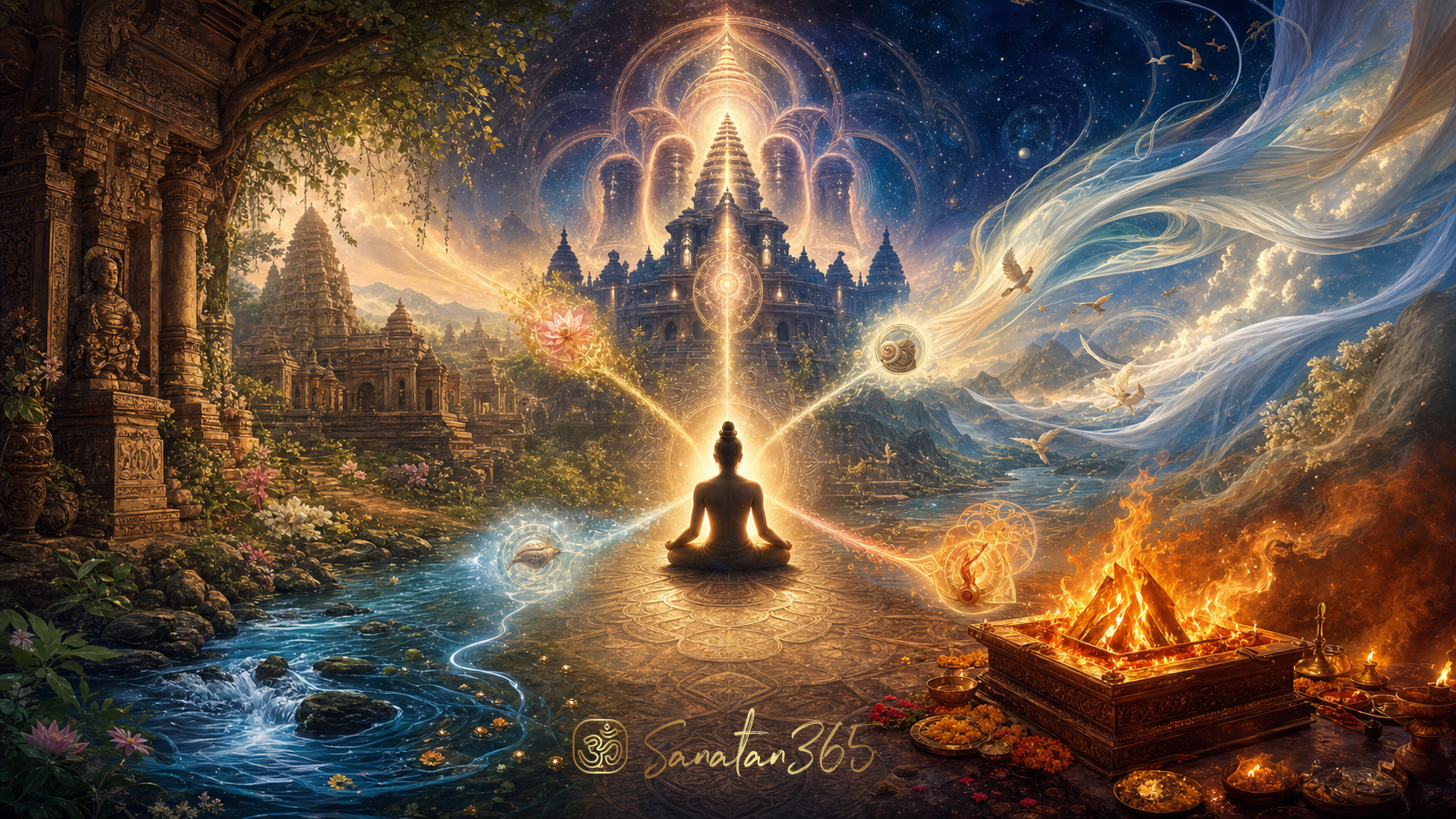 Five sacred elemental currents surrounding a meditating figure in a painterly Hindu vision of Pancha