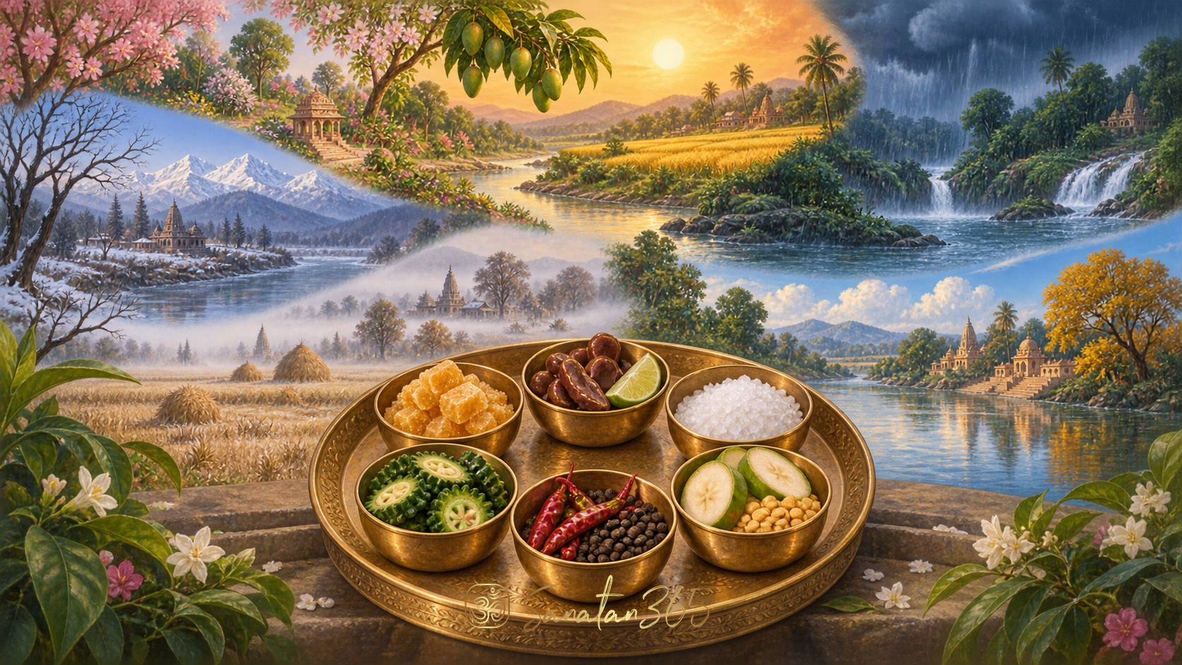 Painterly six-part wheel of Indian seasons surrounding six bowls representing traditional tastes.