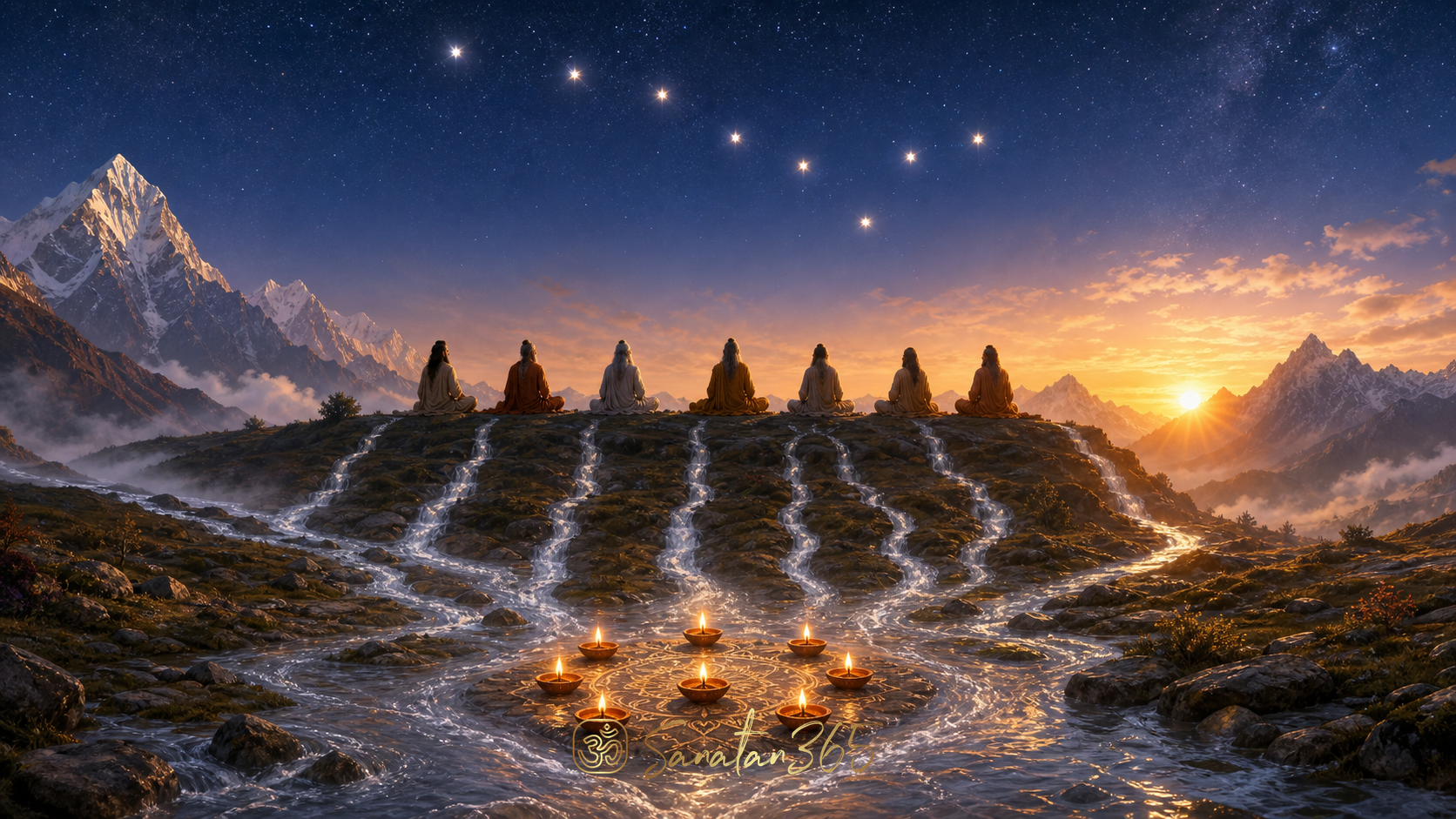 Seven luminous rivers, lamps, and rishis forming a sacred cosmic pattern beneath the stars