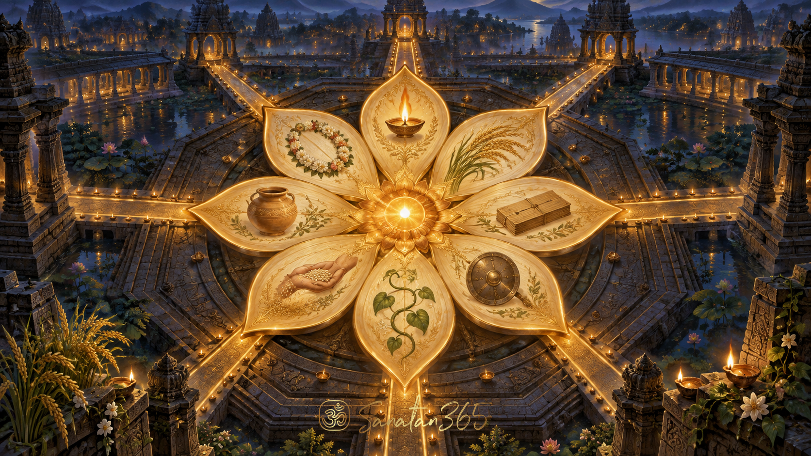 Eight-petalled sacred lotus radiating toward the eight directions in a temple-inspired cosmic scene
