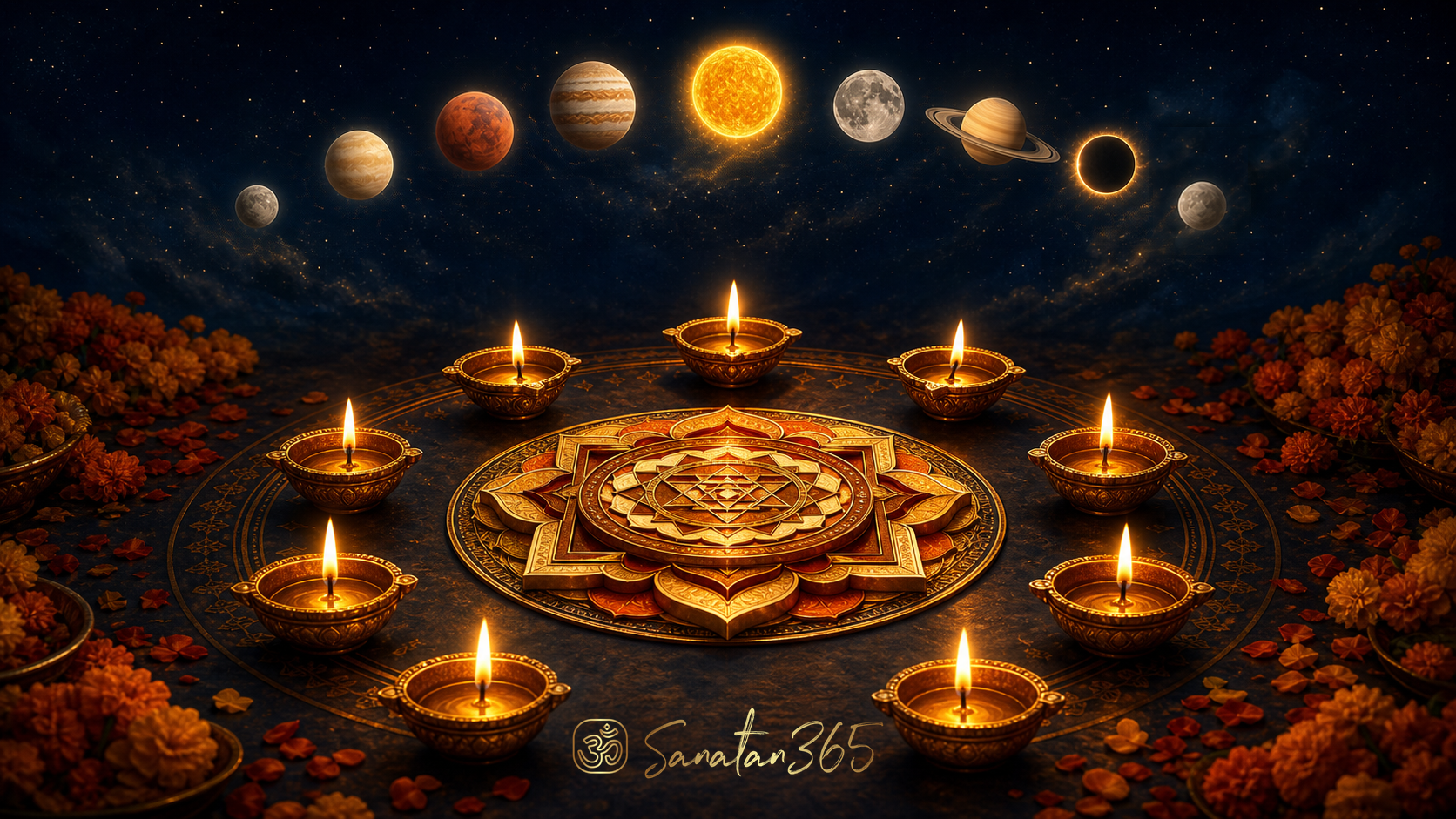 Nine brass diyas arranged around a sacred mandala, suggesting nava, Navaratri, and Navagraha symbolism