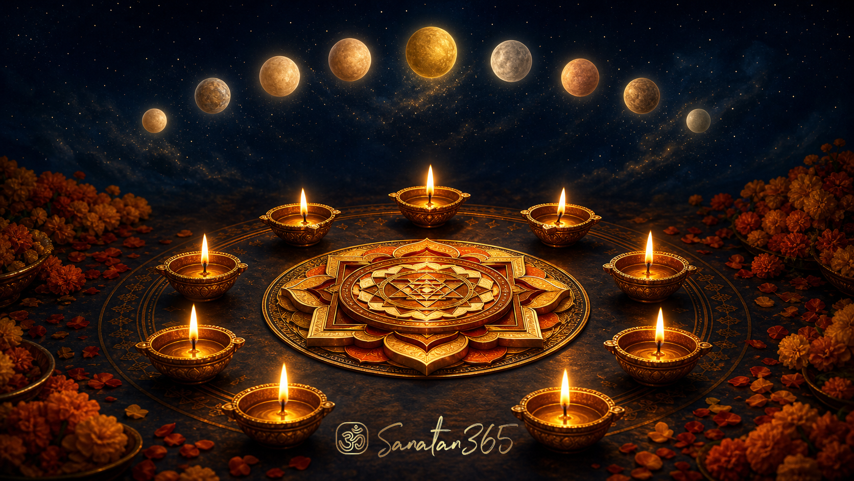 Nine brass diyas arranged around a sacred mandala, suggesting nava, Navaratri, and Navagraha symbolism
