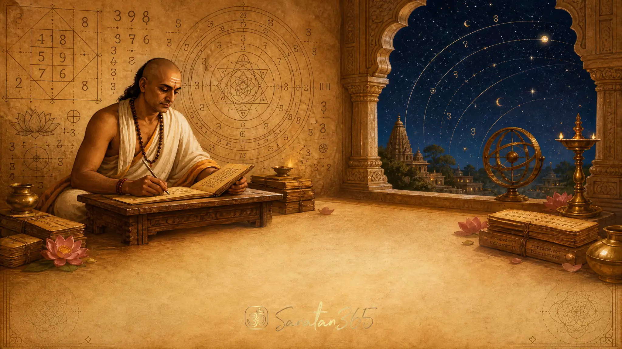 A devotional scholarly illustration of Aryabhata-inspired Hindu numerology with manuscripts, sacred geometry, numbers, stars, and a brass diya