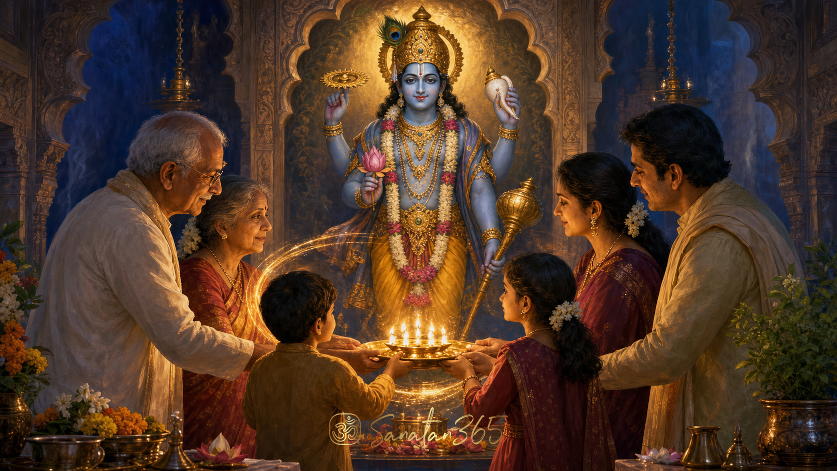 A Hindu family offers a glowing aarti lamp before a serene murti of Lord Vishnu