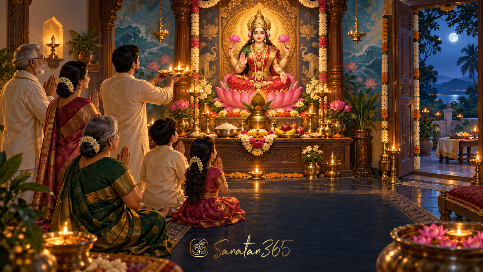 A family offers aarti before a luminous Goddess Lakshmi shrine with lotus flowers and warm lamp light