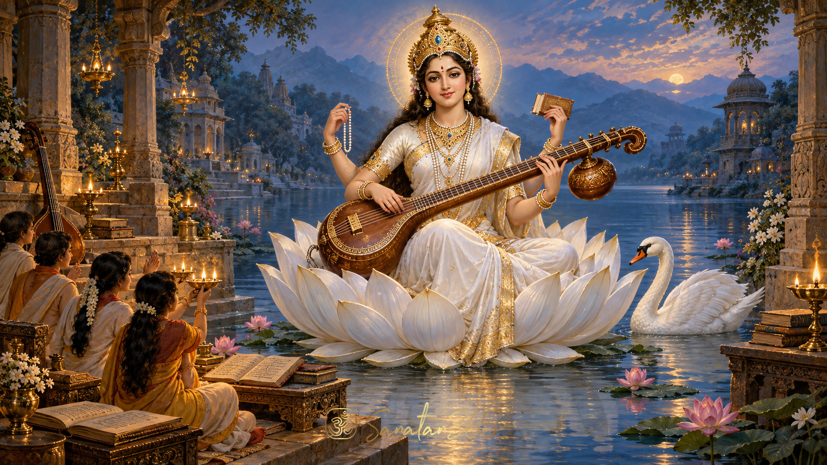 Painterly depiction of Goddess Saraswati with a veena, lotus, book and rosary, surrounded by devotional light and learners.