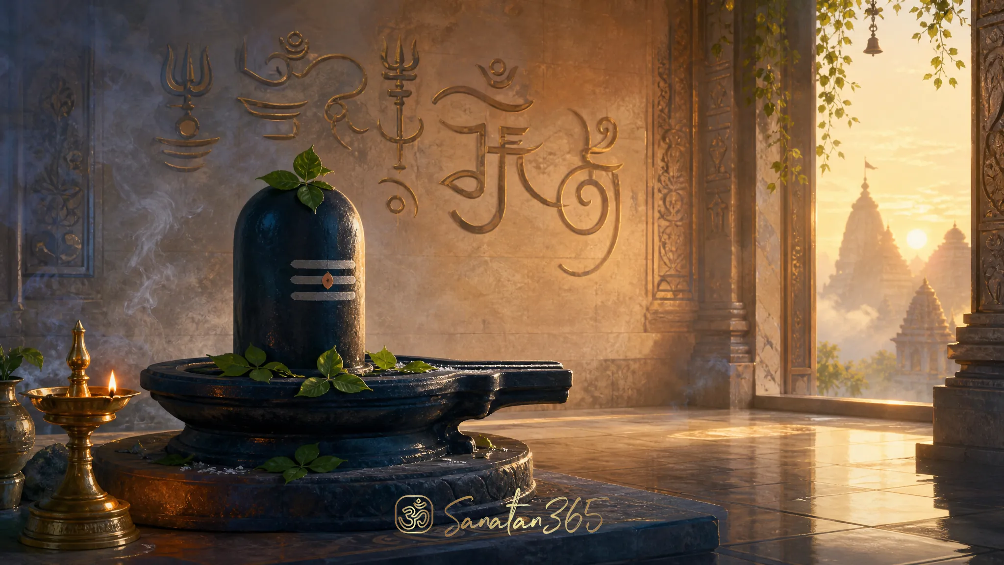 Shiva linga with bilva leaves and diya for Om Namah Shivaya mantra practice