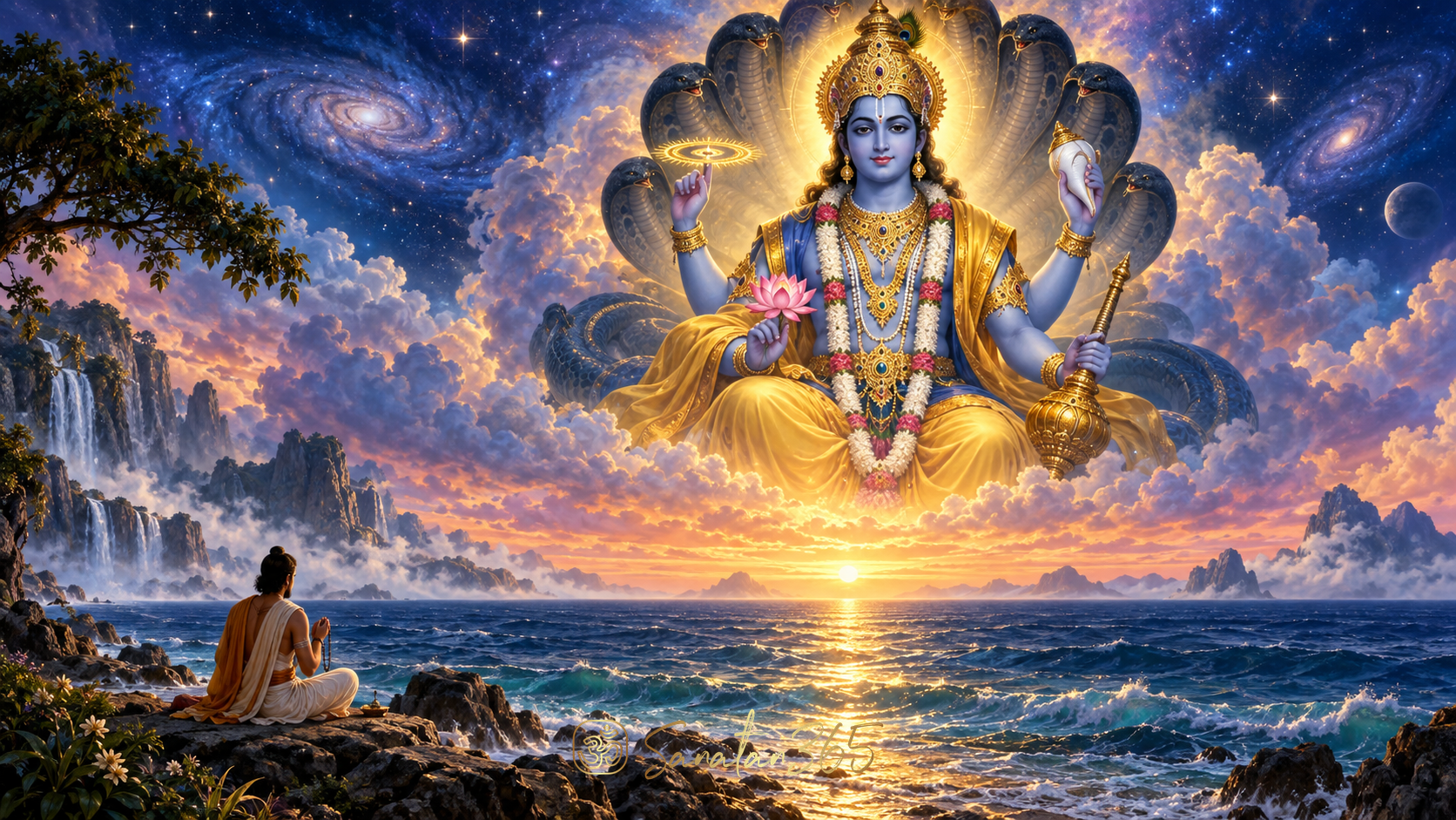 Devotee reciting Om Namo Narayanaya before a luminous vision of Lord Narayana above the cosmic ocean