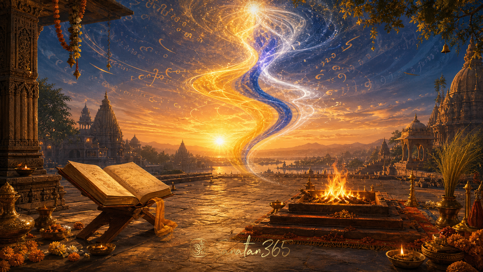 Vedic fire altar and Bhagavad Gita manuscript beneath three streams of sacred light symbolising Om Tat Sat