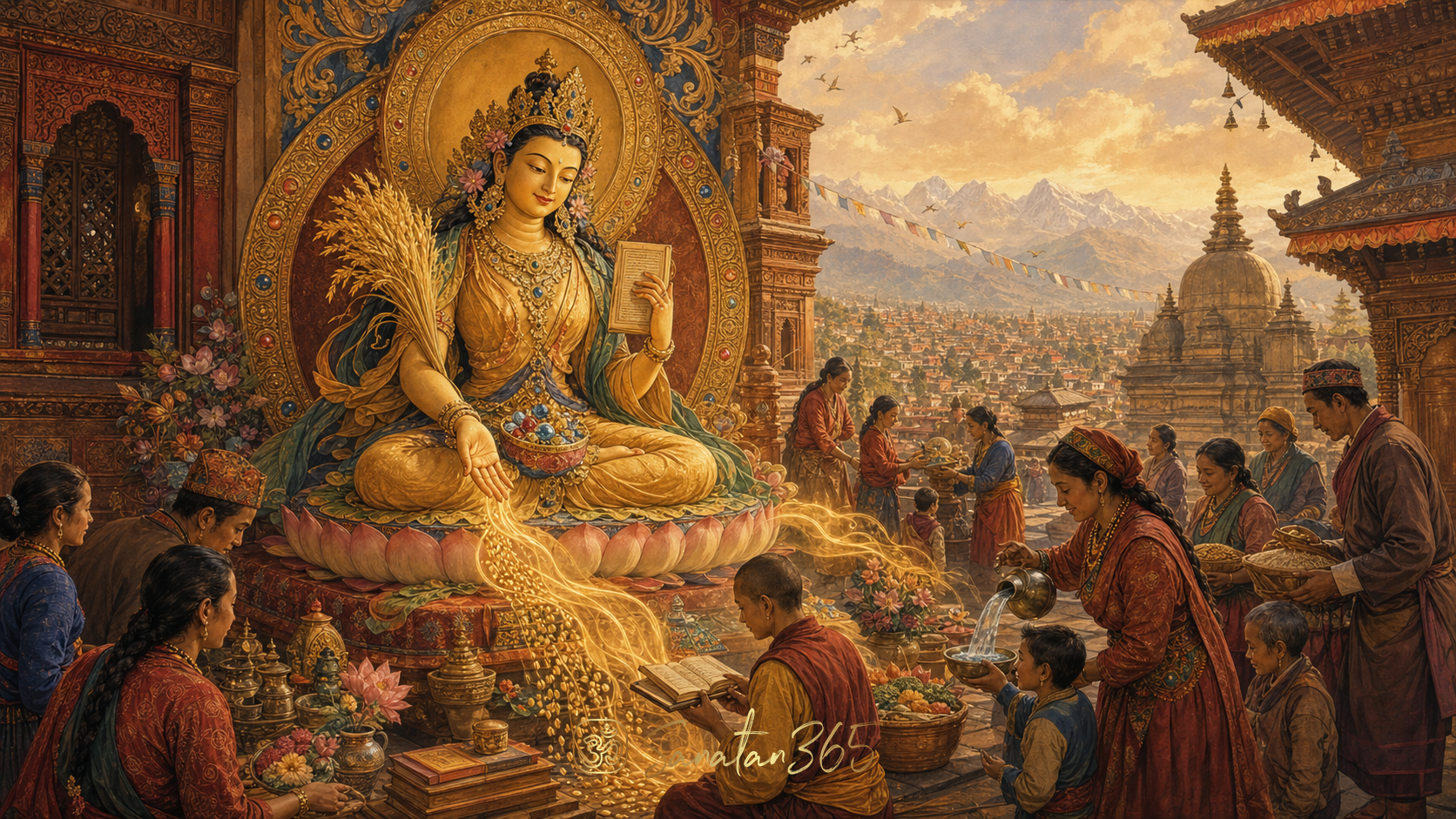 Golden Vasudhara in a Newar Buddhist-inspired setting with grain, manuscript, jewels, and light symbolizing generous abundance