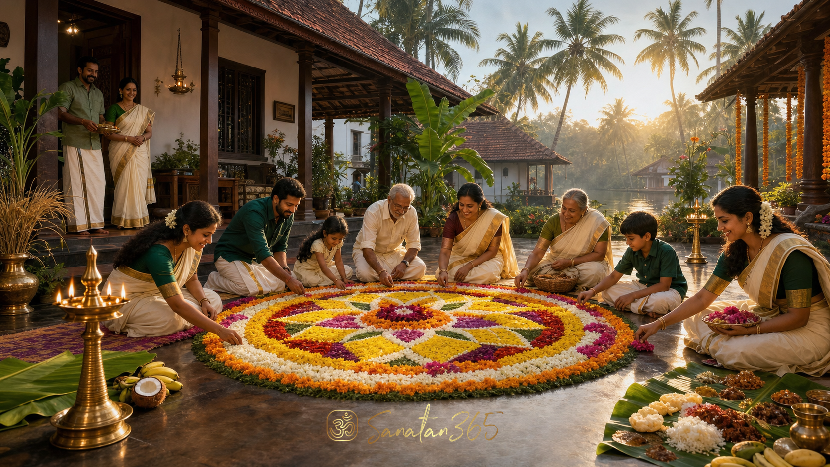 A Malayali family completes a flower Pookalam beside lamps and an Onam Sadya in a Kerala courtyard.