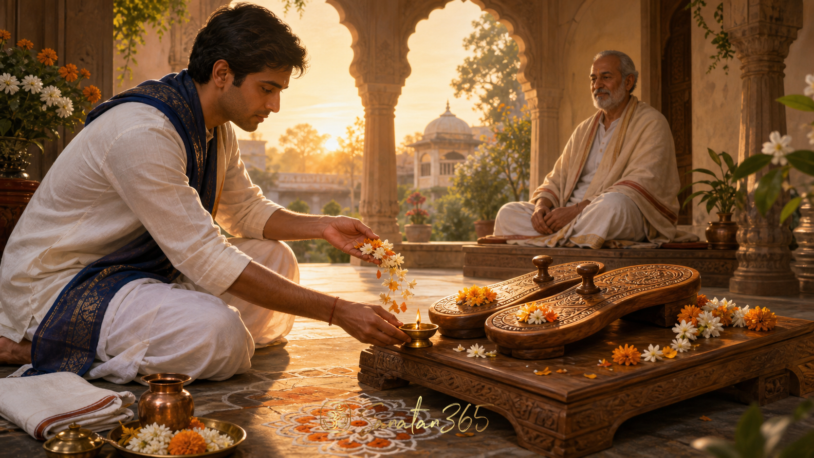 Devotee offering flowers and a lamp before sacred wooden padukas during Pada Puja