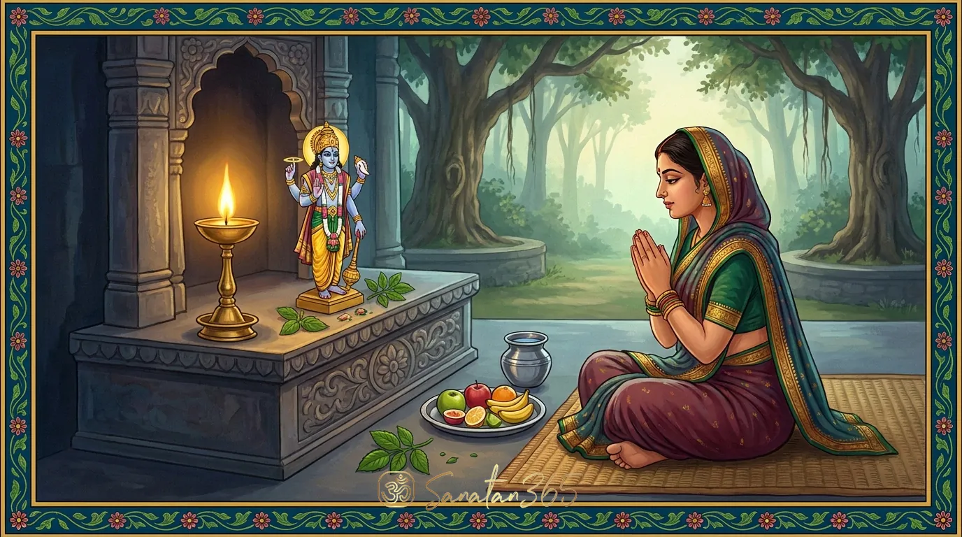 Padmini Ekadashi dawn worship scene with Vishnu shrine, Tulsi leaves, diya, fruit, and a devotee observing Adhik Maas vrat