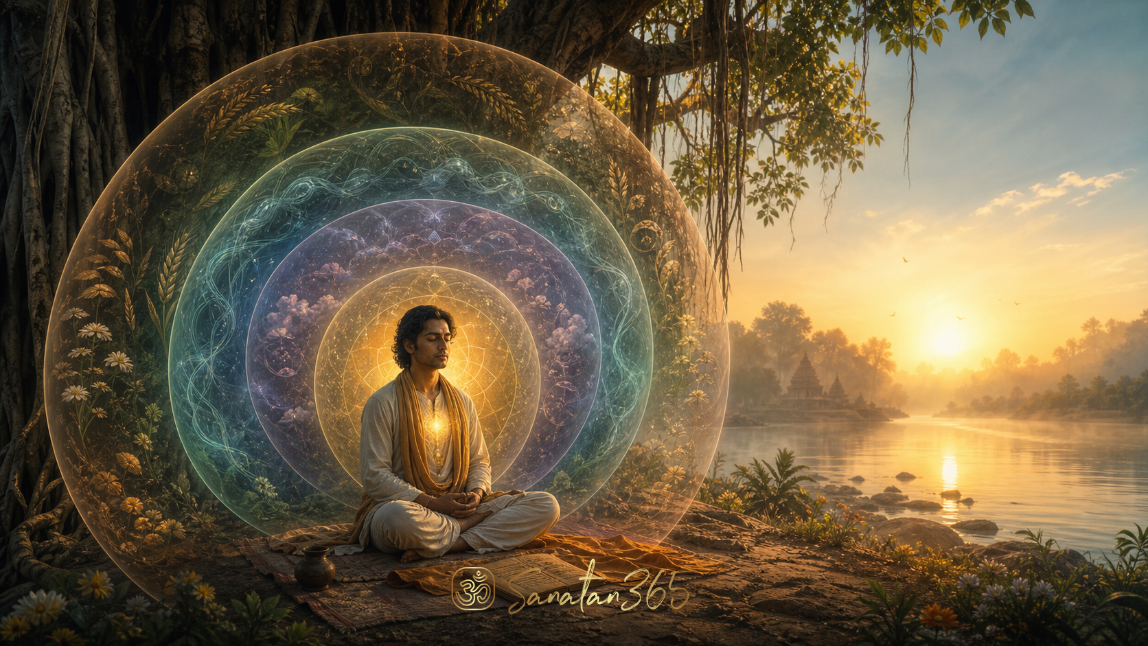 A seeker beneath a banyan tree surrounded by five luminous layers symbolizing the Pancha Kosha teaching