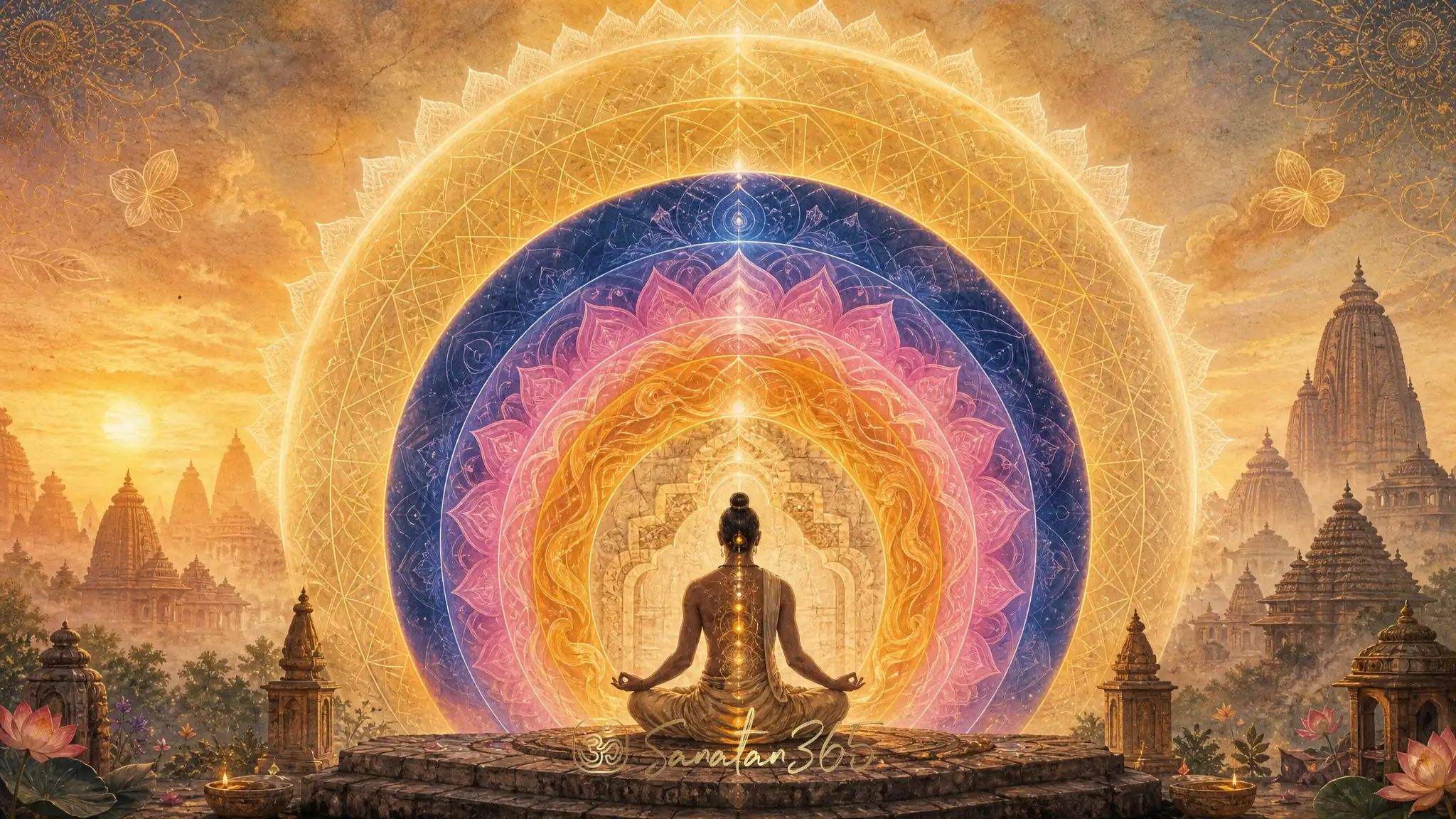 A meditating seeker surrounded by five symbolic kosha layers in Indian devotional art style
