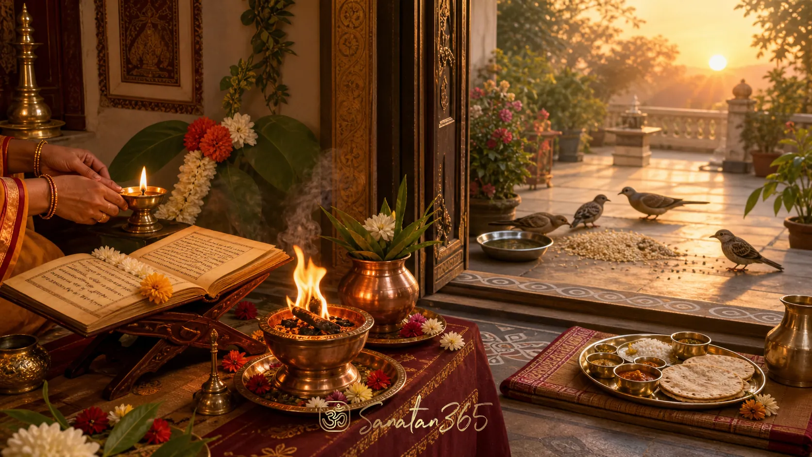 Five symbolic Hindu offerings arranged in a serene home altar and courtyard at dawn.