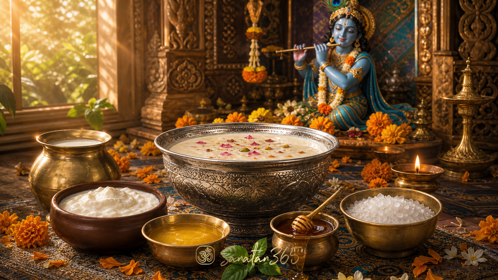Silver bowl of Panchamrit with milk, curd, ghee, honey, and sugar before a Krishna shrine