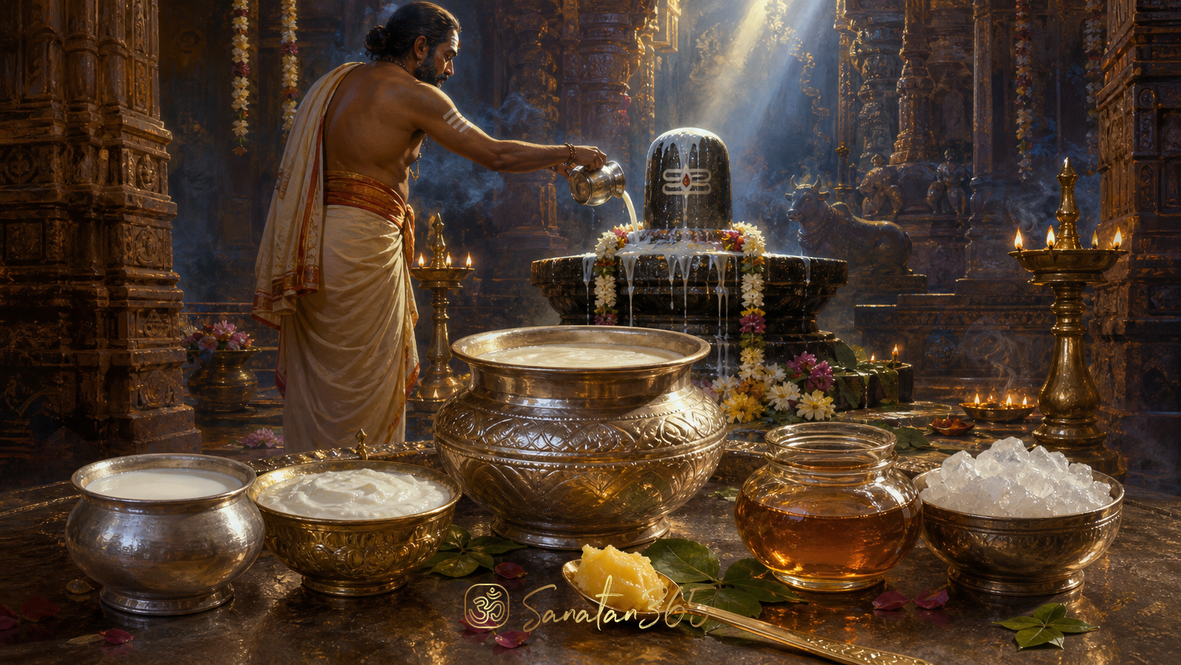 Panchamrita ingredients arranged beside a Shiva linga for a traditional abhisheka ritual