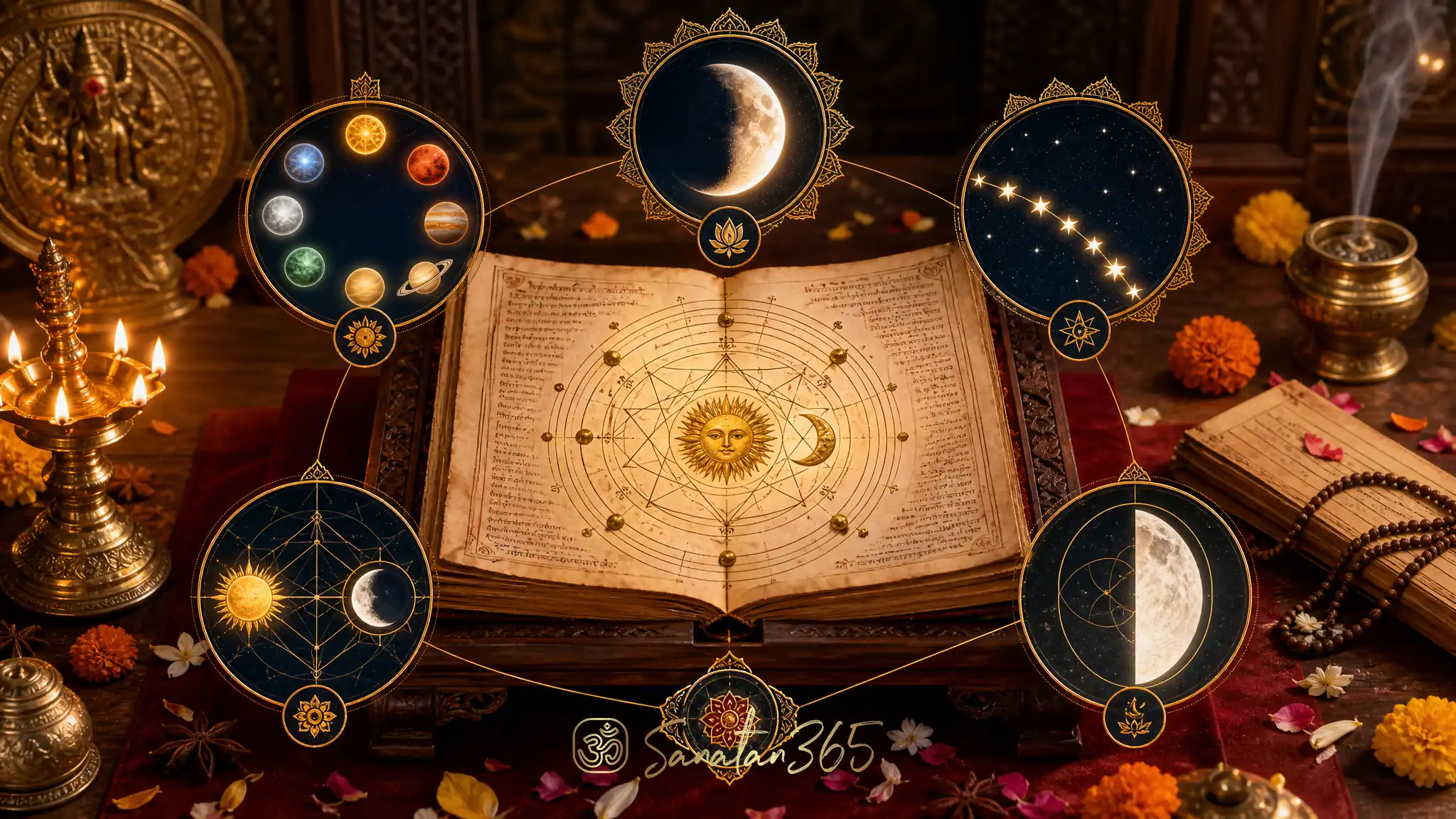 Traditional Panchang manuscript with Sun, Moon, and five symbolic limbs of Hindu time