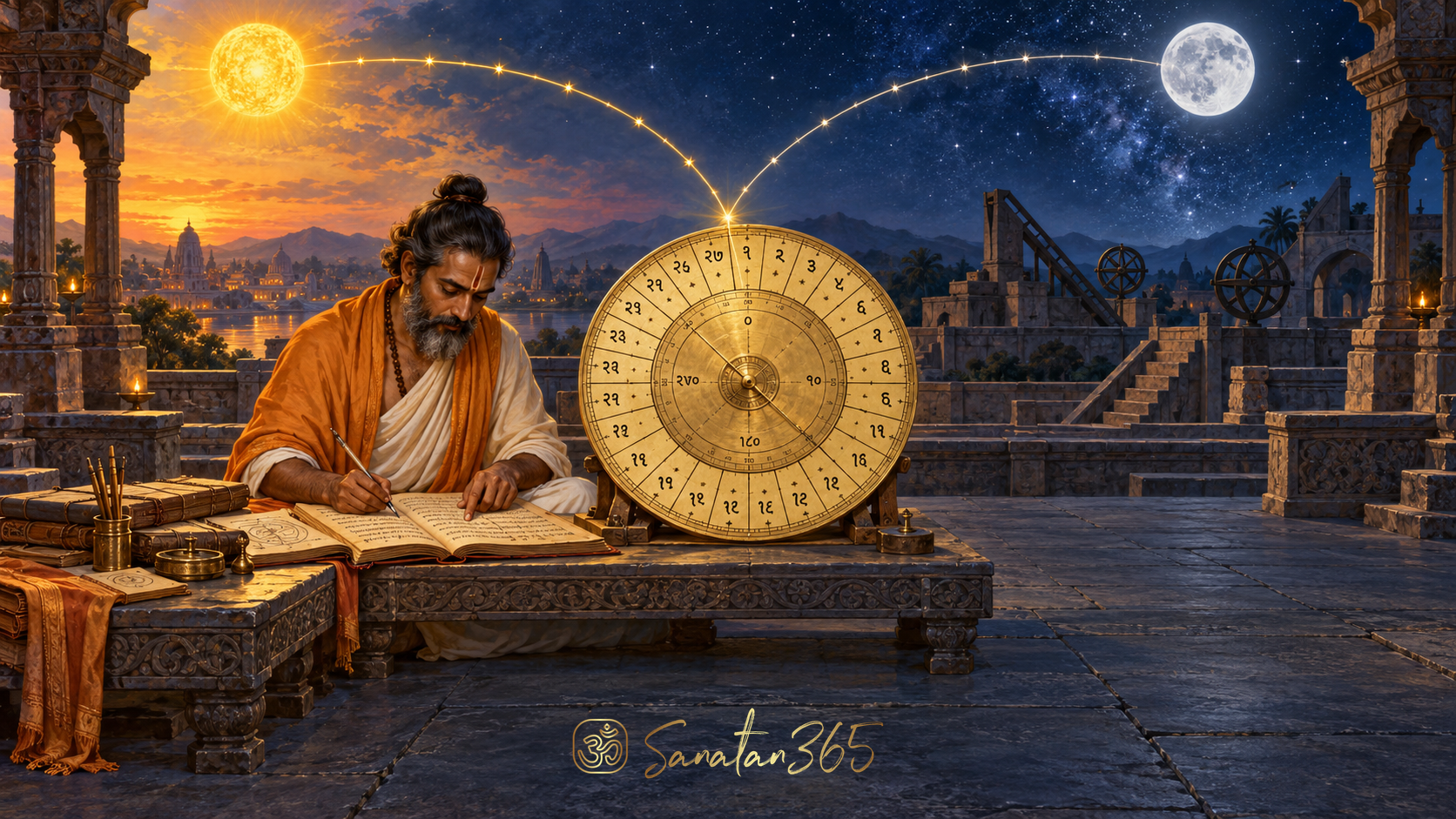 Painterly Sun and Moon above a Hindu calendar scholar studying a twenty-seven-part circular Panchang diagram.