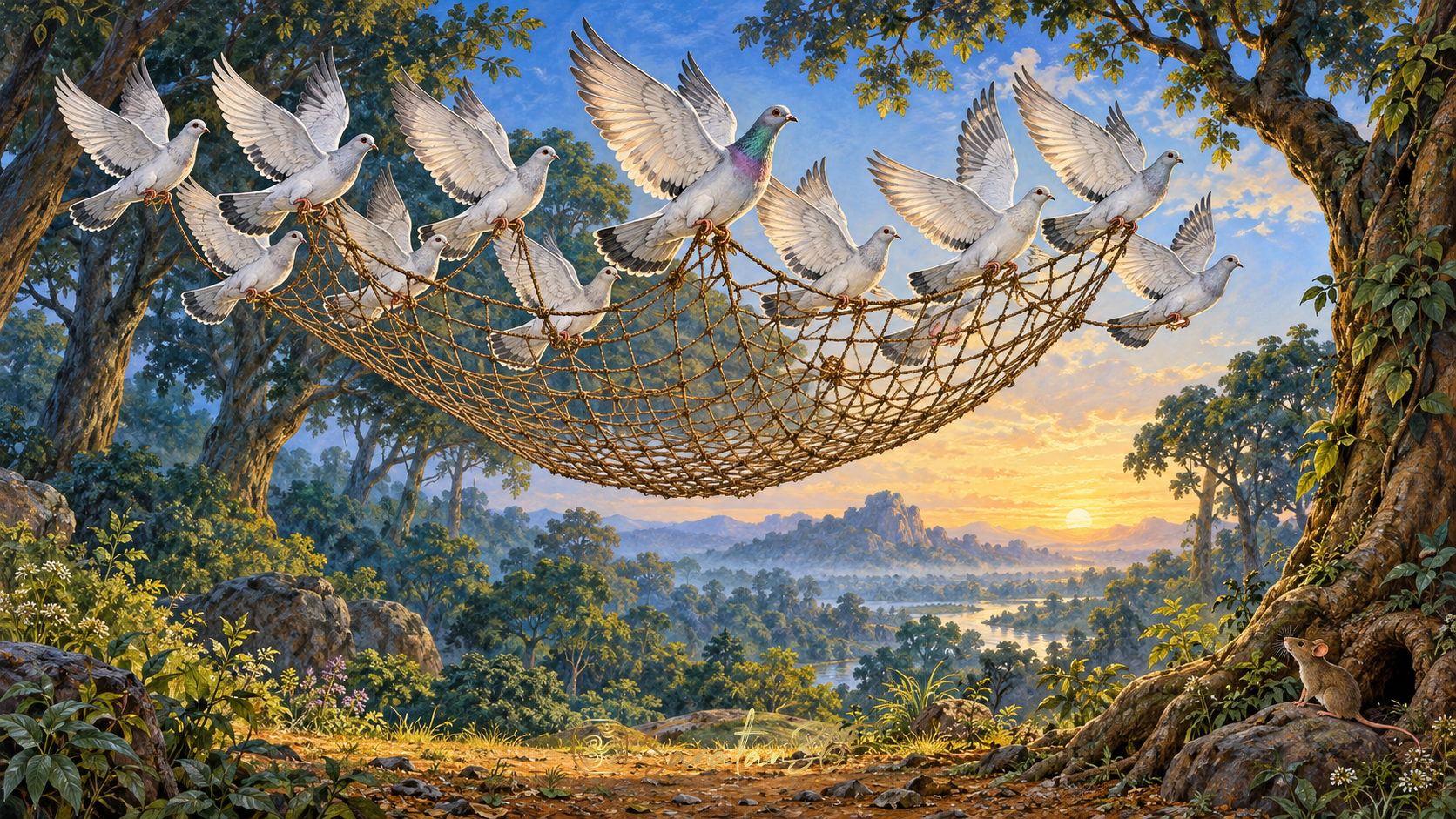 Painterly flock of pigeons lifting a net together above a luminous forest clearing