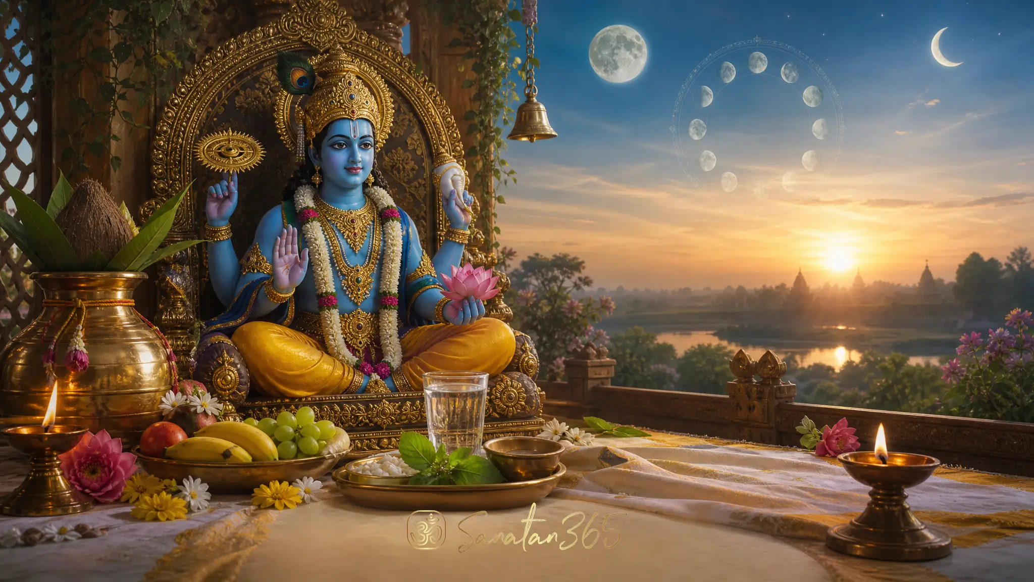 A devotional Vishnu shrine with Tulsi leaves, diya, and simple fasting offerings for Parama Ekadashi in Adhik Maas