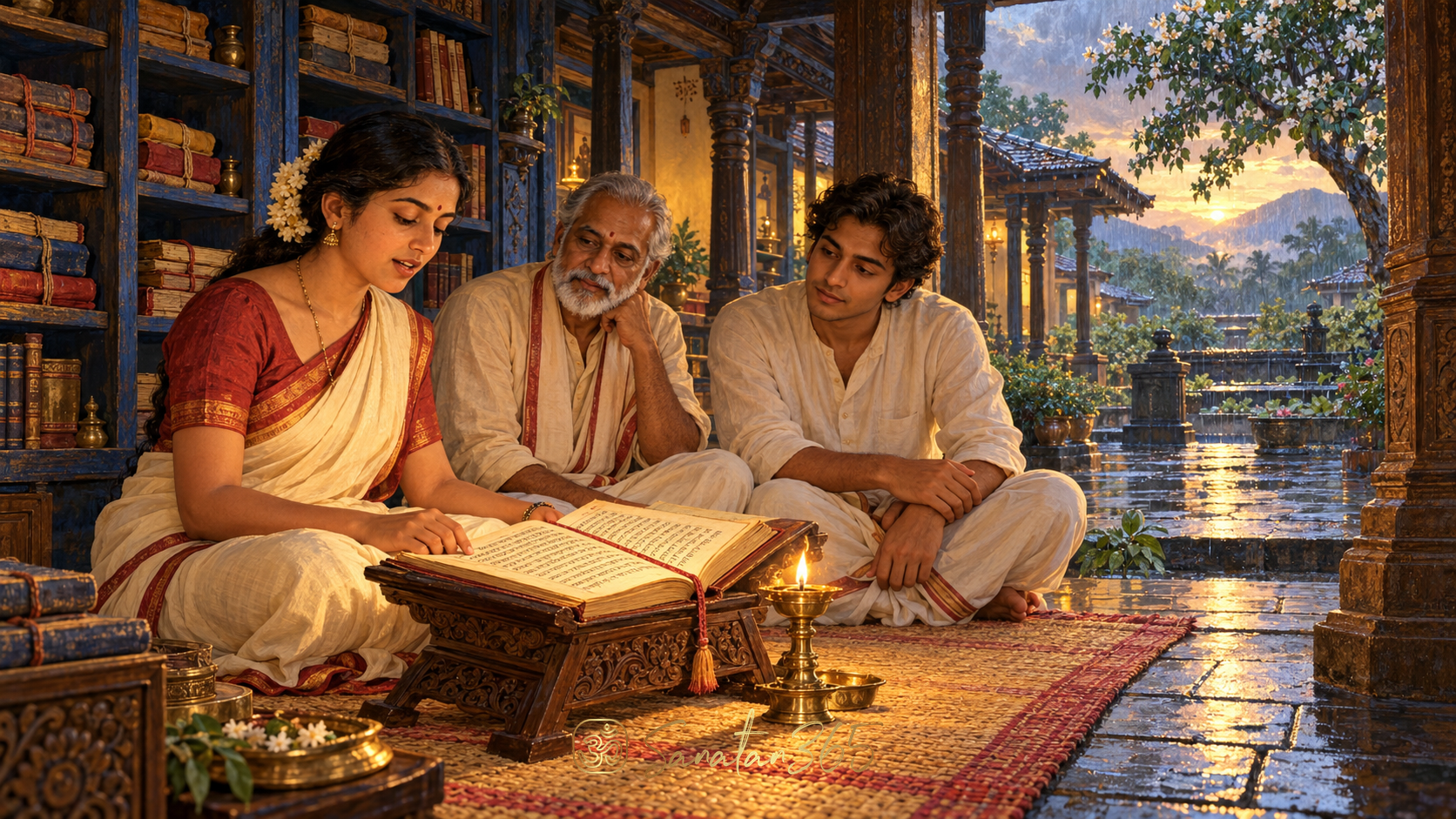 Painterly sacred reading scene with an open manuscript, an attentive reader and listeners in a lamplit Indian library veranda.