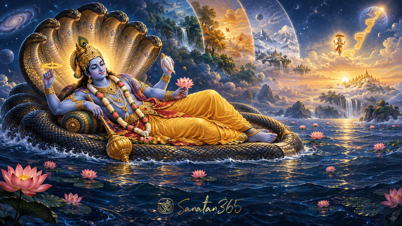 Lord Vishnu resting on Shesha over the cosmic ocean during Parivartini Ekadashi