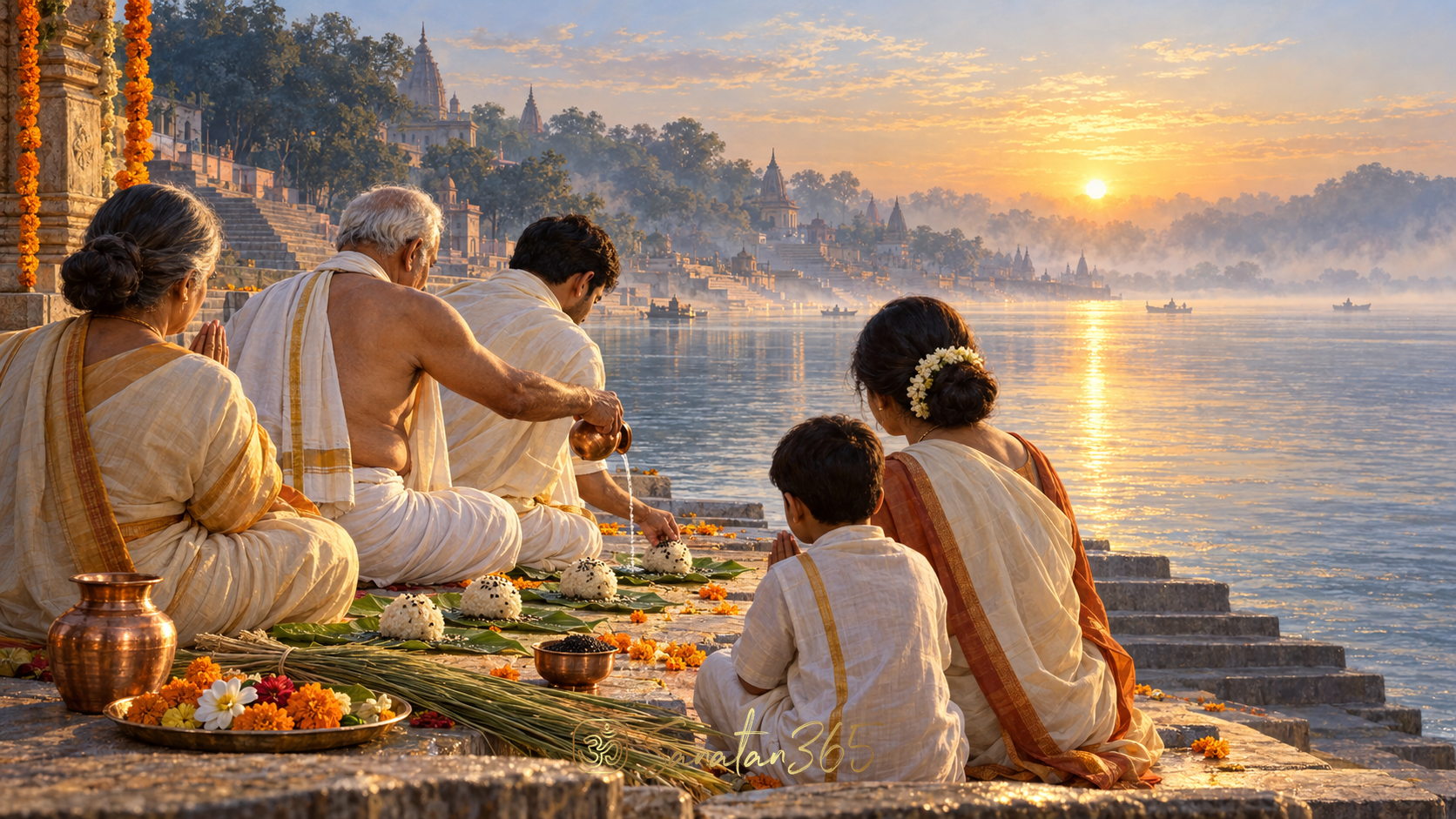 A family respectfully arranging pindas and sacred offerings beside a river at dawn for an ancestral rite