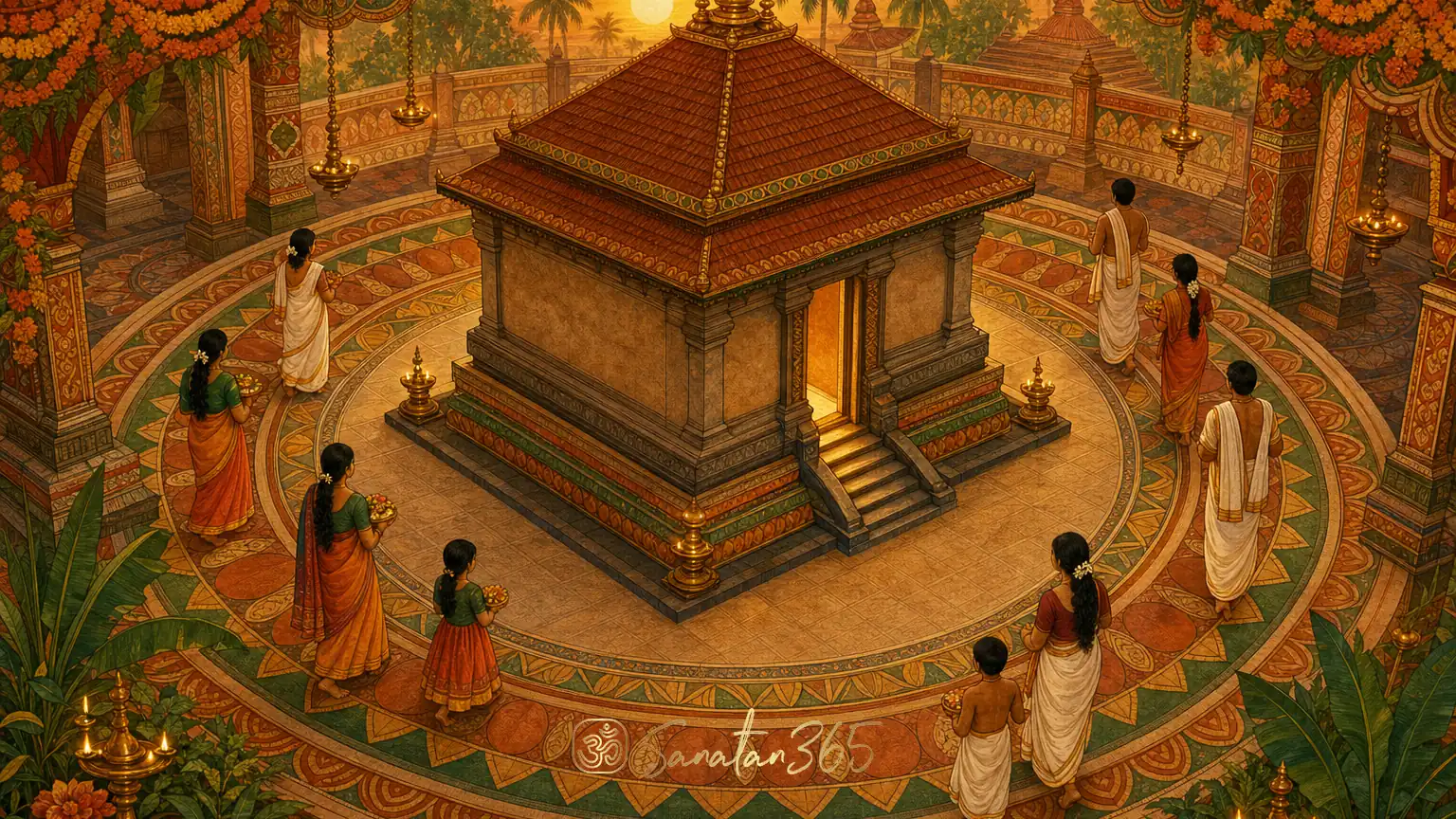 A family performing pradakshina around a quiet Hindu temple sanctum at sunrise