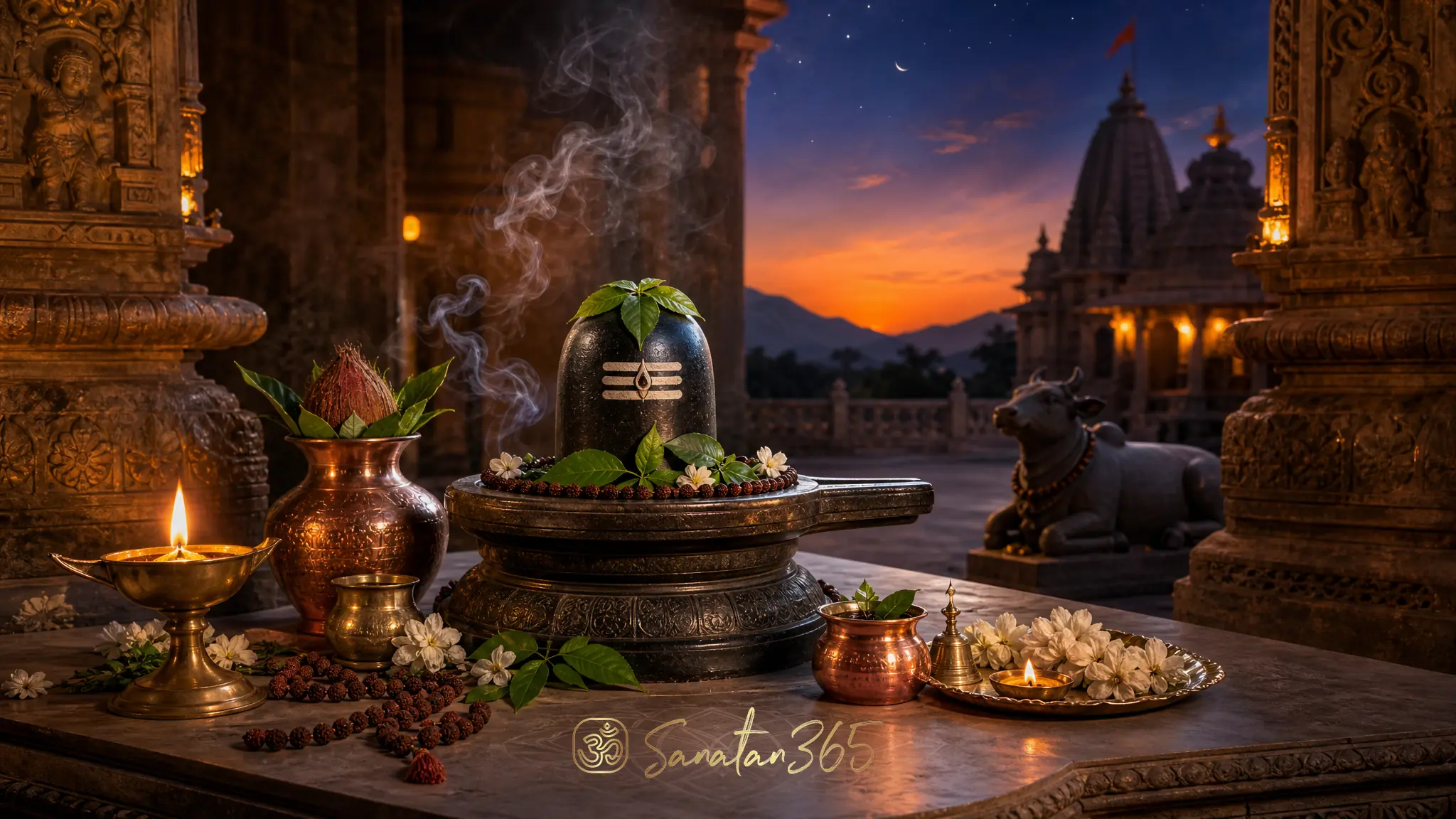 A Pradosh Vrat twilight puja with Shiva linga, bilva leaves, diya, and Nandi in a temple courtyard