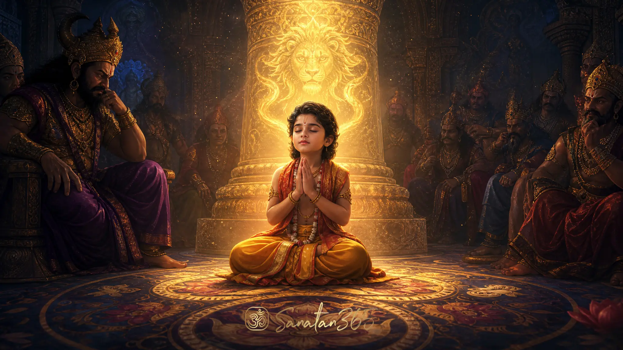 Young Prahlada praying calmly before a luminous pillar symbolizing Vishnu's protection.