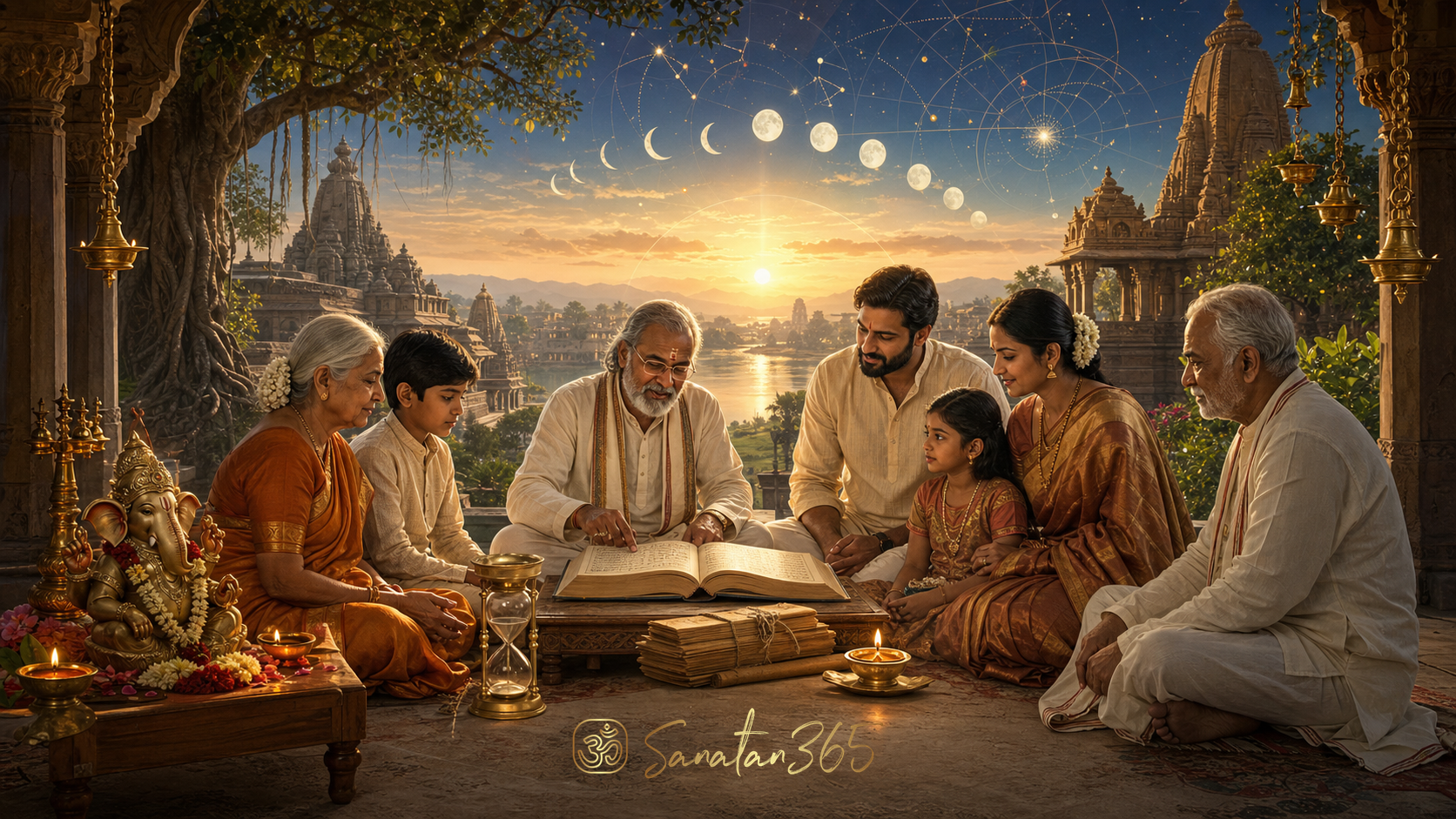 A seeker beside an Upanishadic manuscript as golden awareness opens into a cosmic landscape