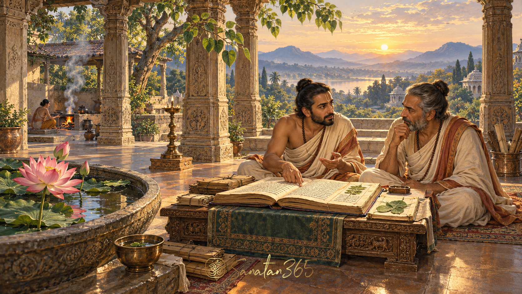 Painterly scholars studying a luminous manuscript in an Indian pavilion, with symbolic scenes of observation and reasoning.