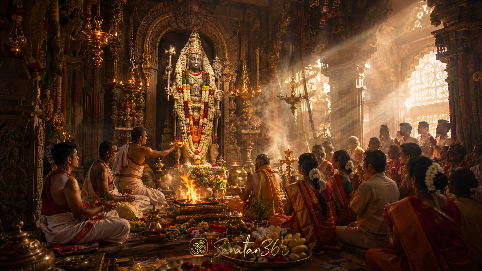 Prana Pratishtha ceremony around a sacred murti in a lamp-lit Hindu temple