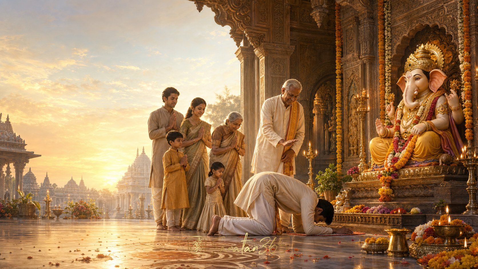 A devotee offering pranama before a Ganesha murti as an elder blesses a family in a luminous temple