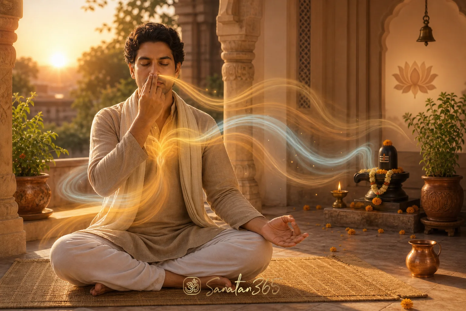A serene seeker practicing pranayama at dawn beside a Shiva linga, diya, tulsi plant, and flowing light symbolizing prana