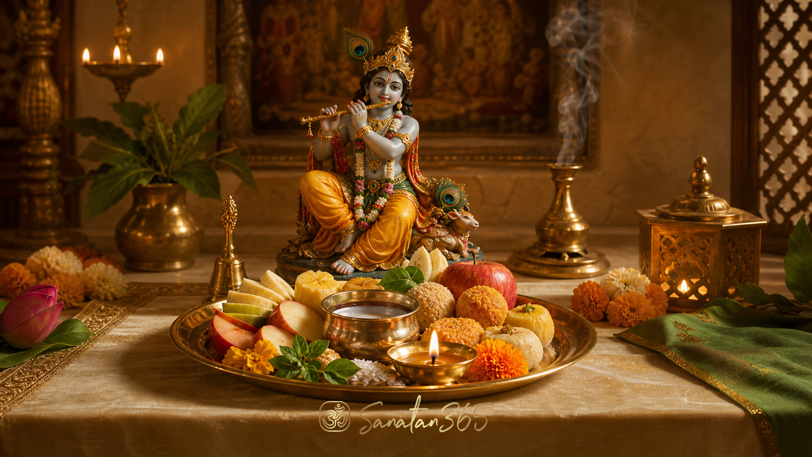 A brass prasad thali with fruit, sweets, tulsi leaves, flowers, diya, and a small Krishna murti on a Hindu altar