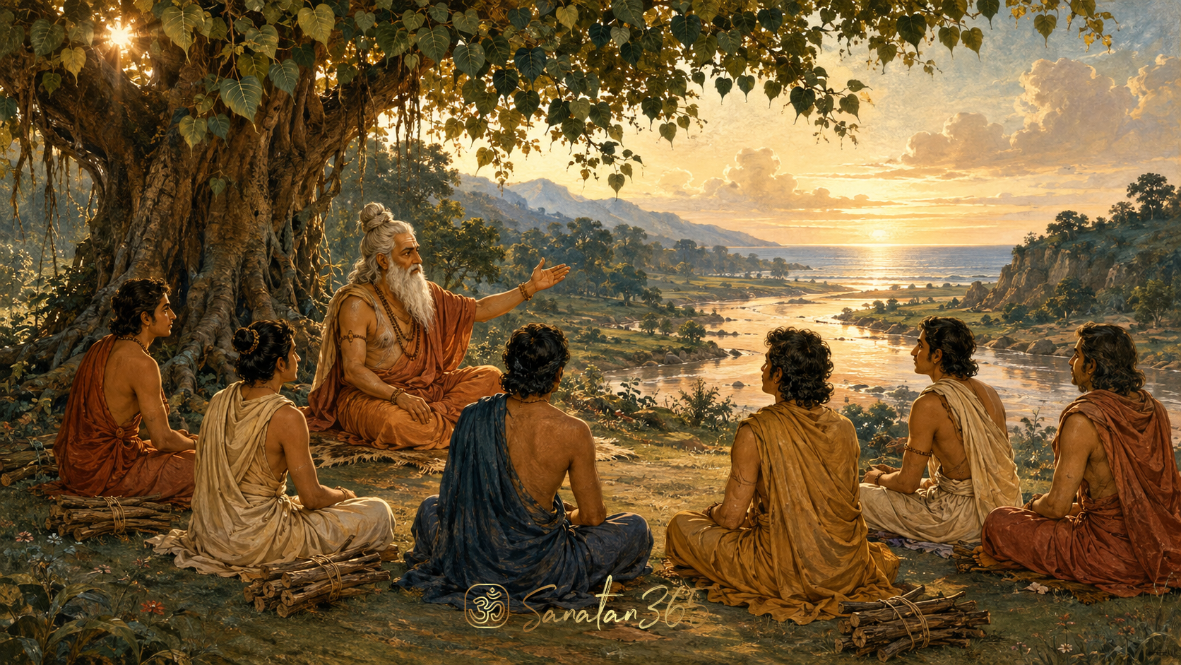 Painterly interpretation of Pippalada teaching six seekers beneath a peepal tree beside a river opening toward the sea.