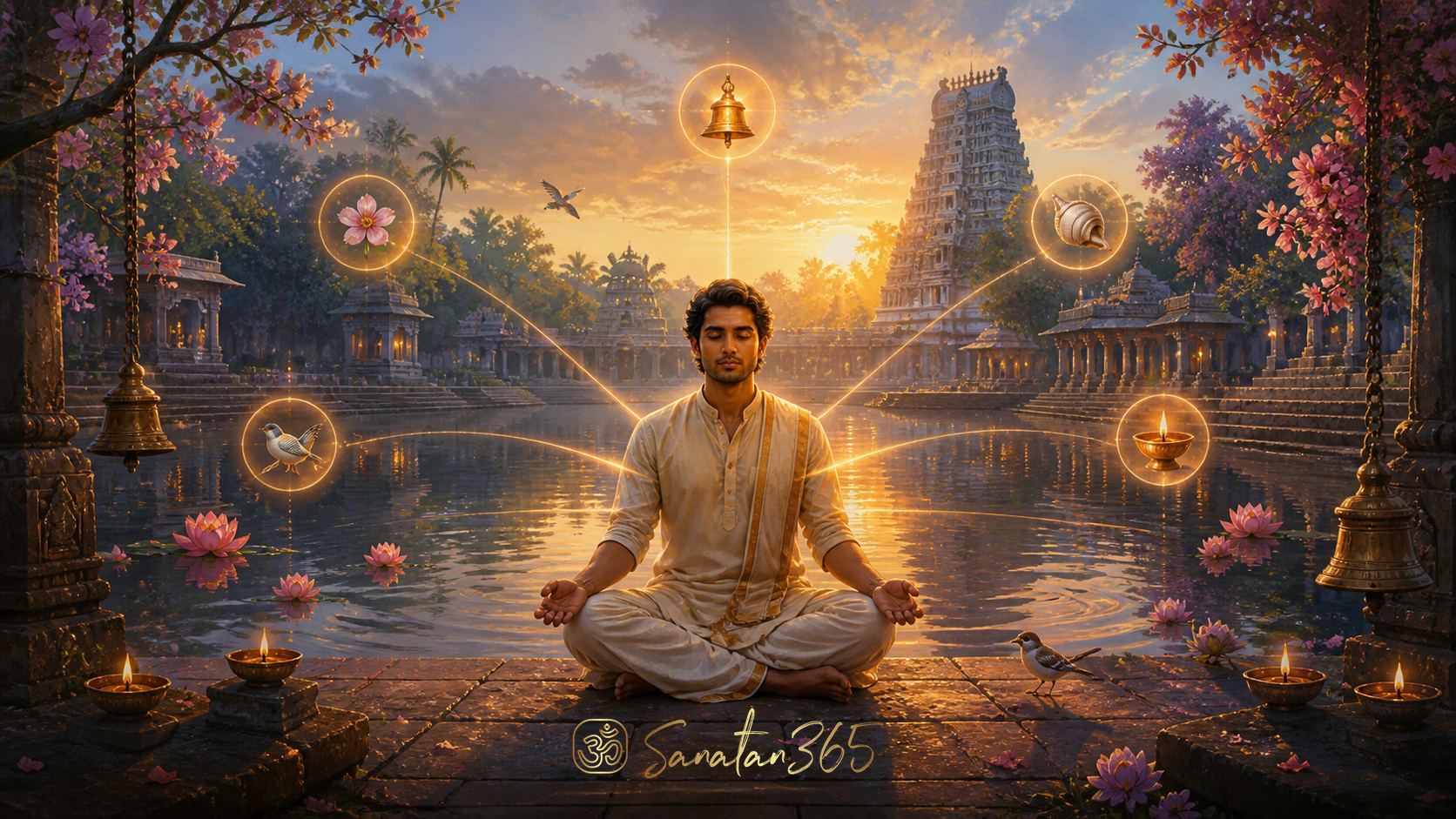 A serene seeker beside a temple tank as light and reflections gather inward, symbolising pratyahara