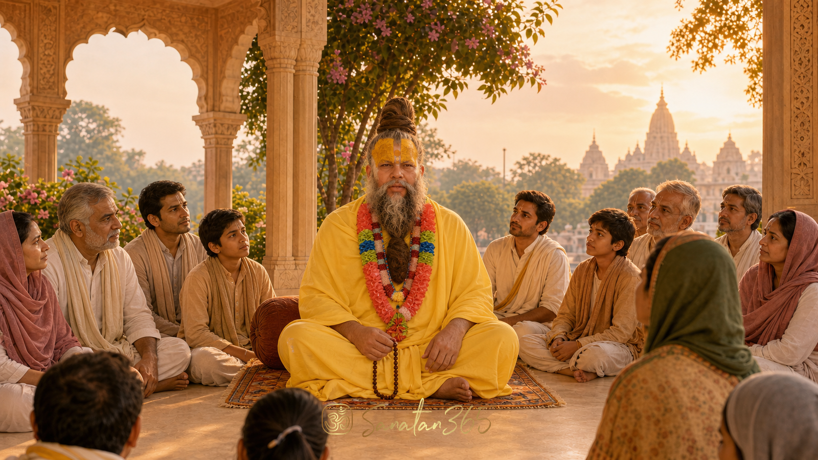 A Vaishnava saint teaching naam jap beside the Yamuna in a painterly Vrindavan dawn scene