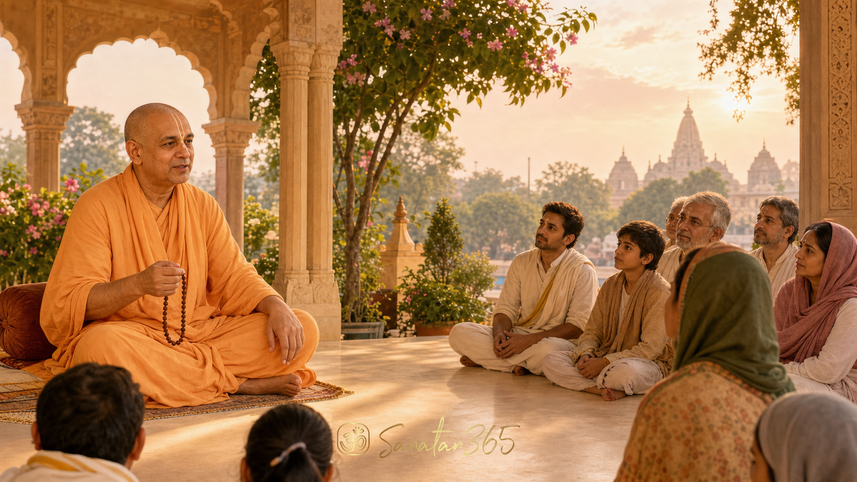 A Vaishnava saint teaching naam jap beside the Yamuna in a painterly Vrindavan dawn scene