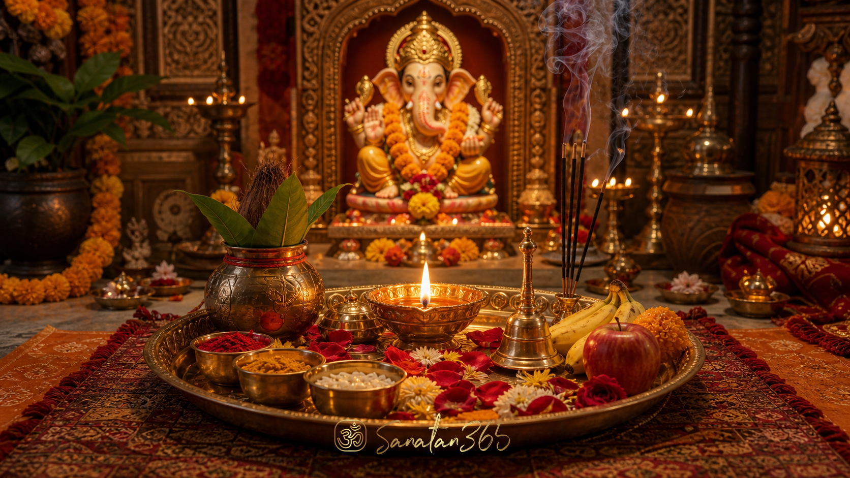 Brass puja thali with diya, flowers, kumkum, incense, water, and fruit before a Lord Ganesha home shrine