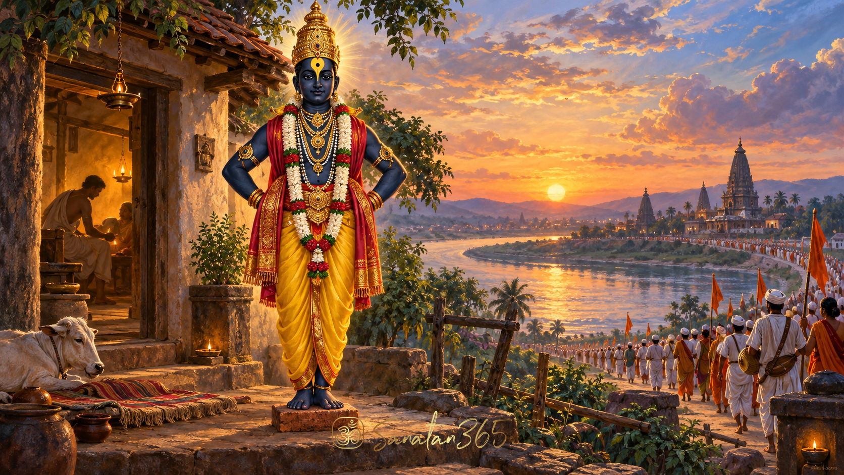 Vithoba standing on the sacred brick near Pandharpur as lamplight evokes Pundalik's devoted service