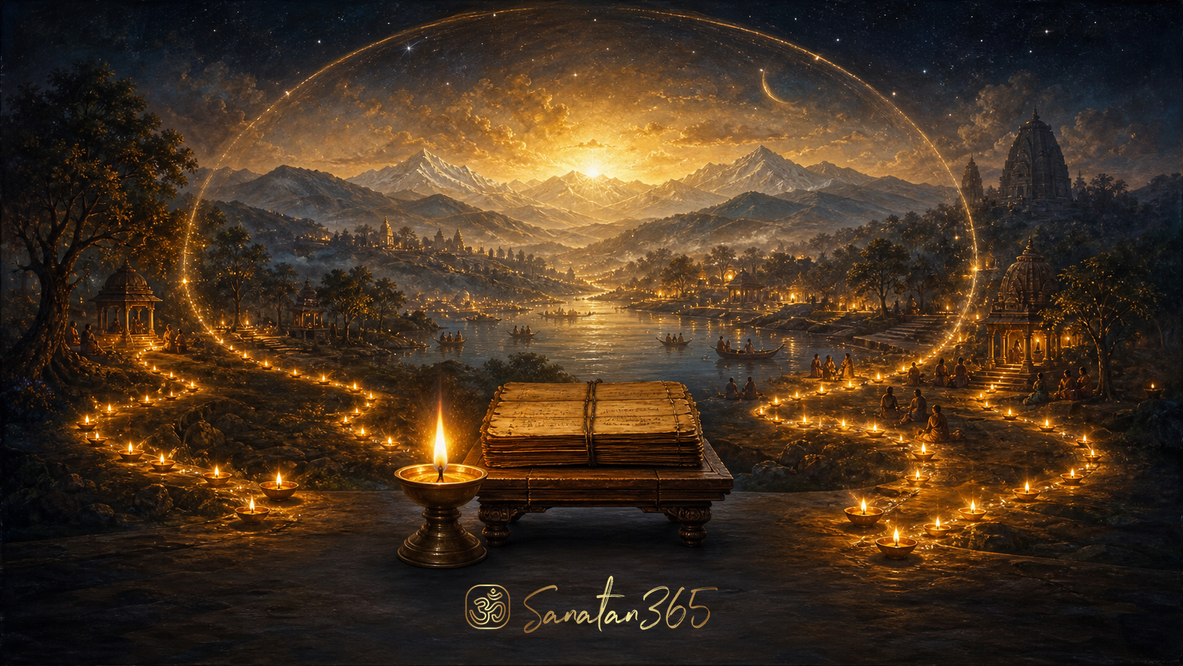 A luminous manuscript, many lamps, and a cosmic landscape symbolizing the wholeness of the Purnamadah Purnamidam mantra