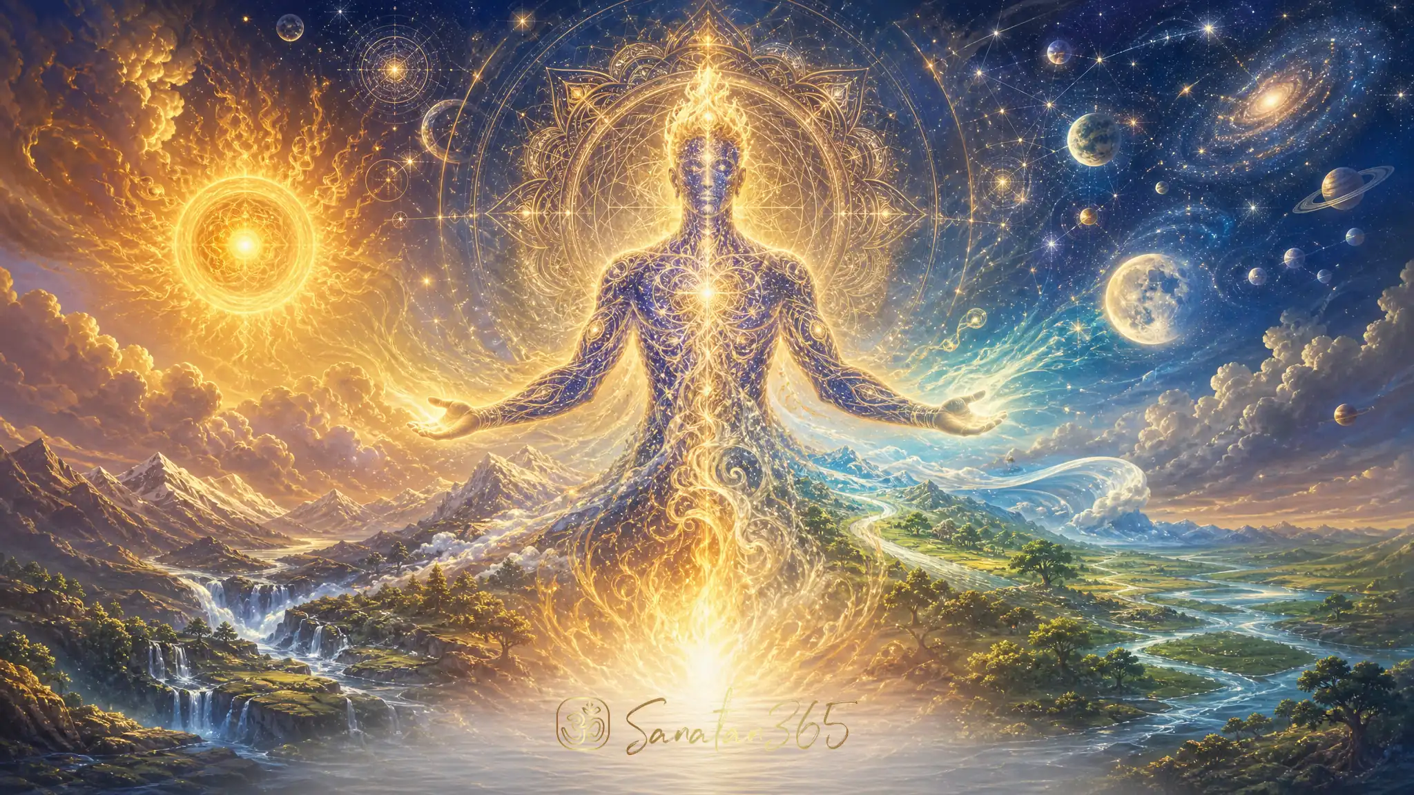 Symbolic devotional illustration of the Purusha Sukta cosmic person, yajna flame, sun, moon, and universe emerging from one sacred whole