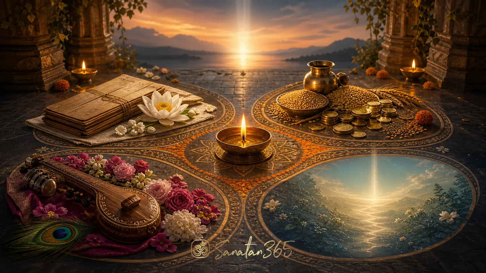 Four symbolic pathways around a diya representing dharma, artha, kama, and moksha