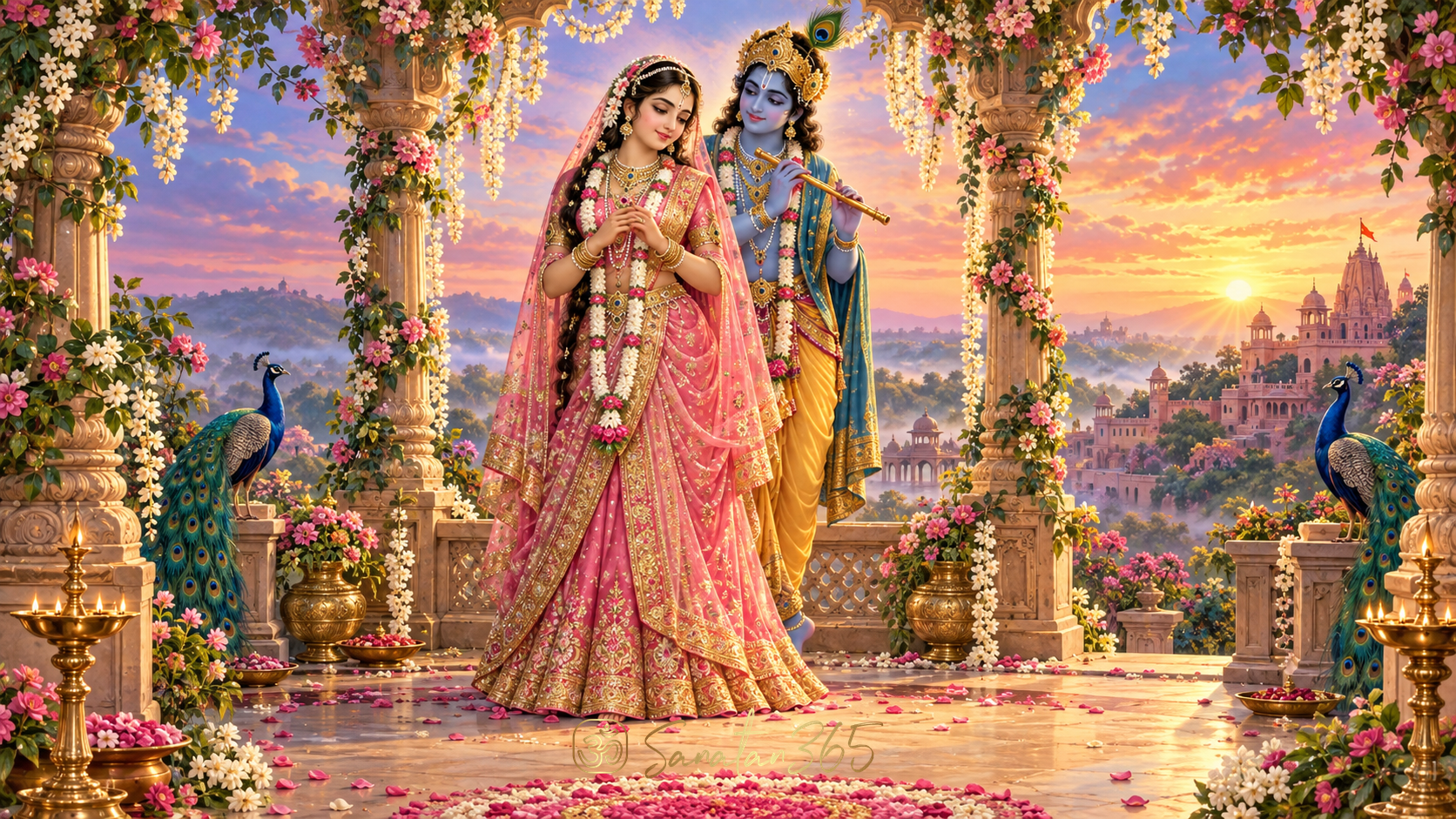 Painterly Radha and Krishna beneath flowering branches in a Braj-inspired temple setting